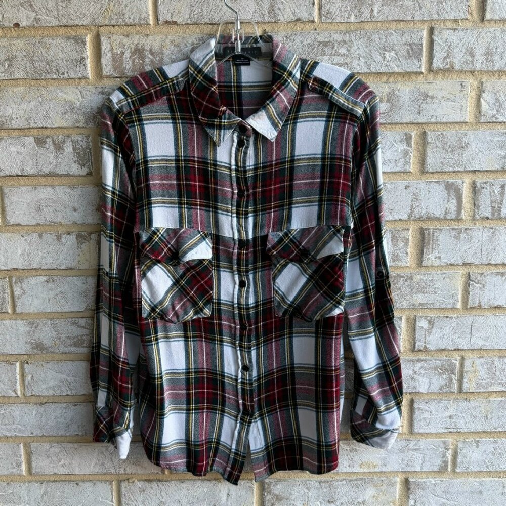 Sanctuary Long Sleeve Snap Button Front Collared Plaid Flannel Shirt  Size M.